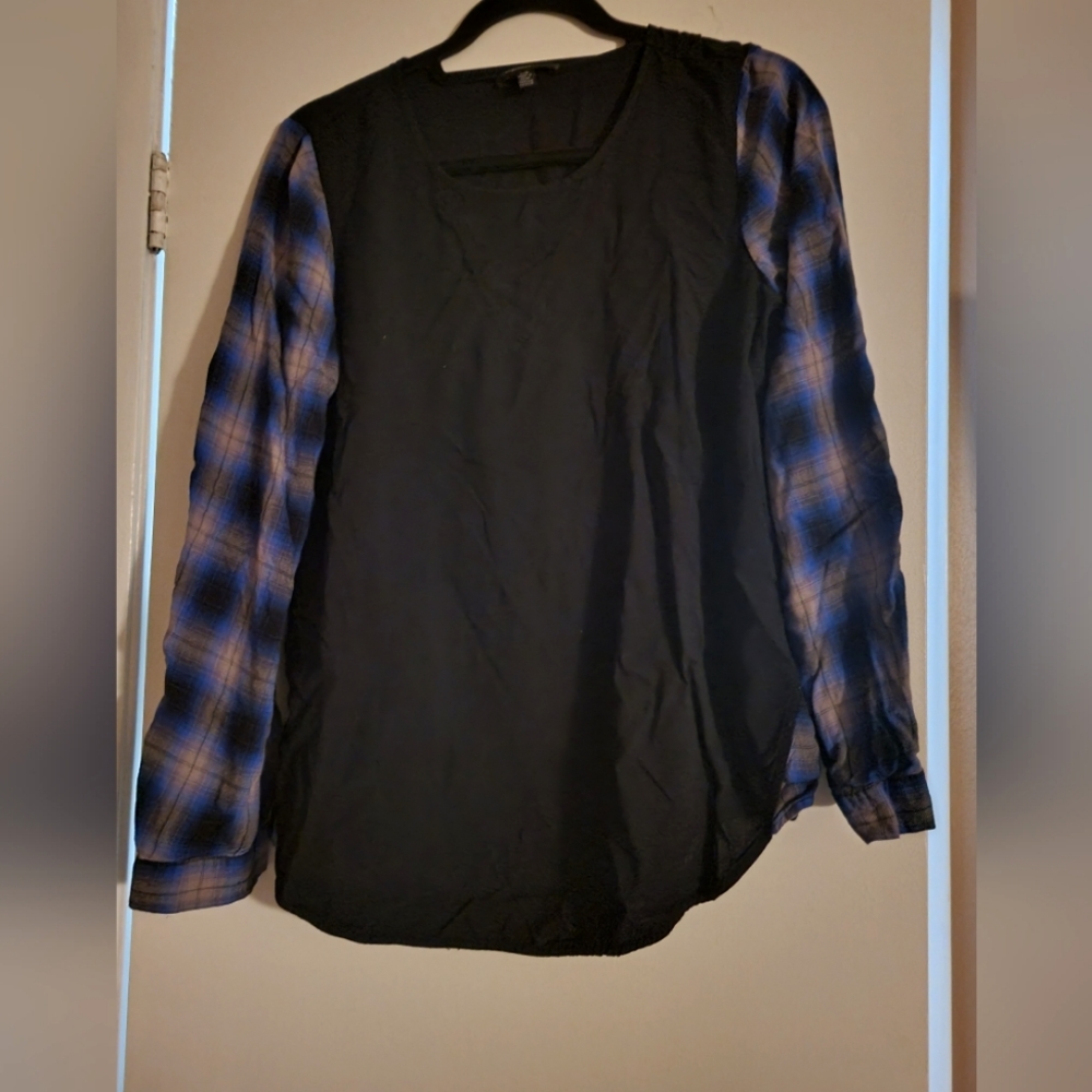 Spense women's black & blue plaid long sleeve top size Large